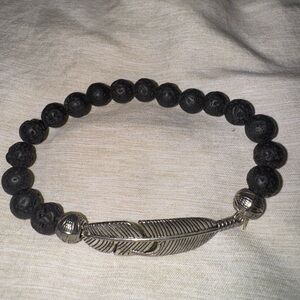 Black Beaded Bracelet with Silver Feather Accent